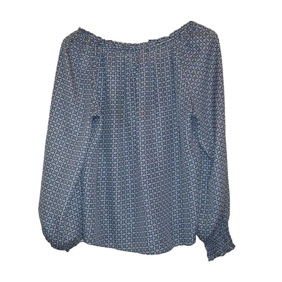 Max Edition Women Blouse Blue White Geometric Long Sleeve Peasant Top Size Small - Picture 2 of 14